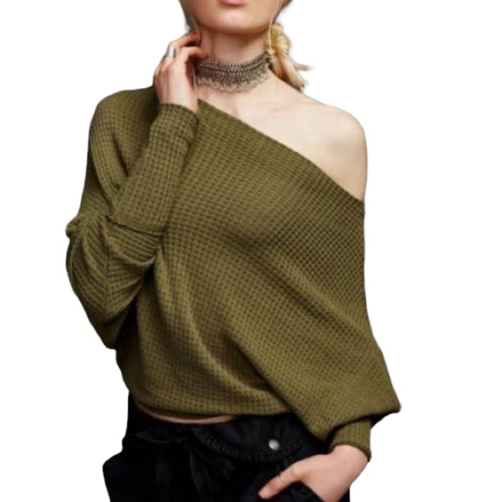 Anthropology Off The Shoulder Bat Wing Sweater, S/P, Olive